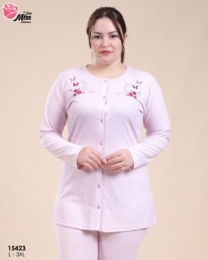 Rose Miss Pyjama boutonné brodé – Réf 15423 – Rose