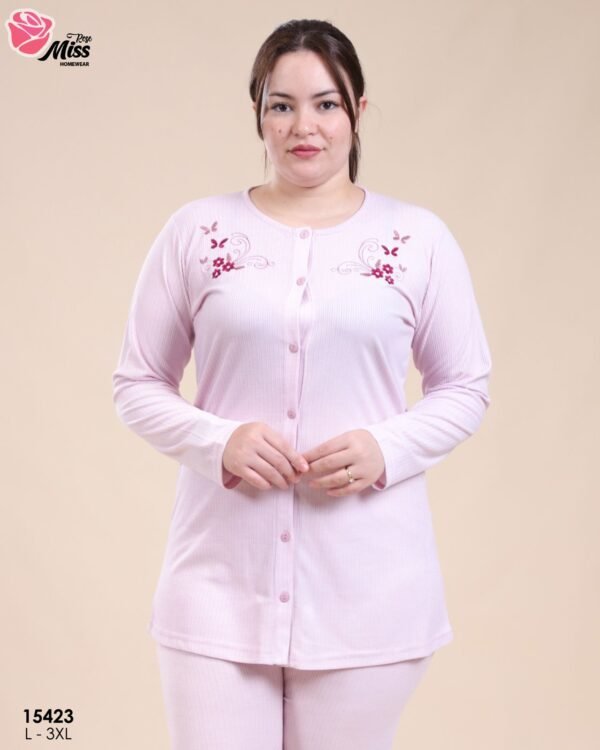 Rose Miss Pyjama boutonné brodé – Réf 15423 – Rose