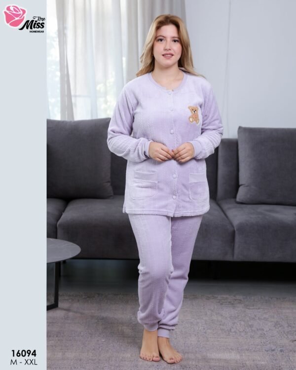 Rose Miss Pyjama polaire boutonné ourson – Réf 16094 – Lilas