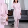 Rose Miss Ensemble pyjama et peignoir brodé 3 pièces – Réf 16201 – Rose