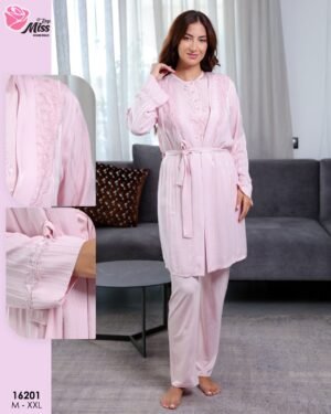 Rose Miss Ensemble pyjama et peignoir brodé 3 pièces – Réf 16201 – Rose