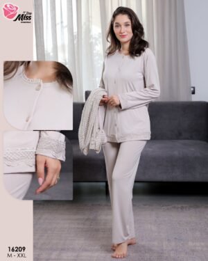 Rose Miss Ensemble pyjama et gilet tricot 3 pièces – Réf 16209 – Taupe