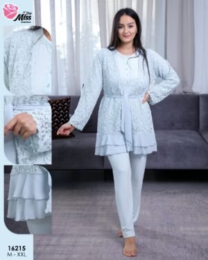 Rose Miss Ensemble pyjama et kimono dentelle 3 pièces – Réf 16215 – Bleu ciel