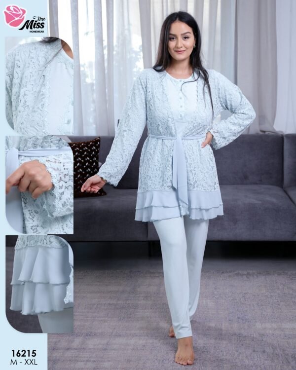 Rose Miss Ensemble pyjama et kimono dentelle 3 pièces – Réf 16215 – Bleu ciel