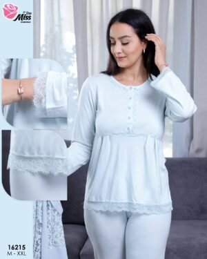 Rose Miss Ensemble pyjama et kimono dentelle 3 pièces – Réf 16215 – Bleu clair
