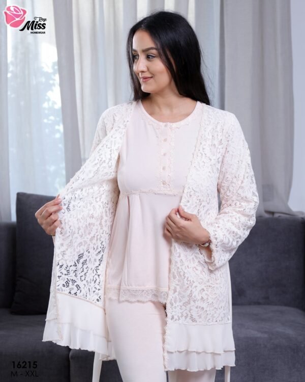 Rose Miss Ensemble pyjama et kimono dentelle 3 pièces – Réf 16215 – Crème