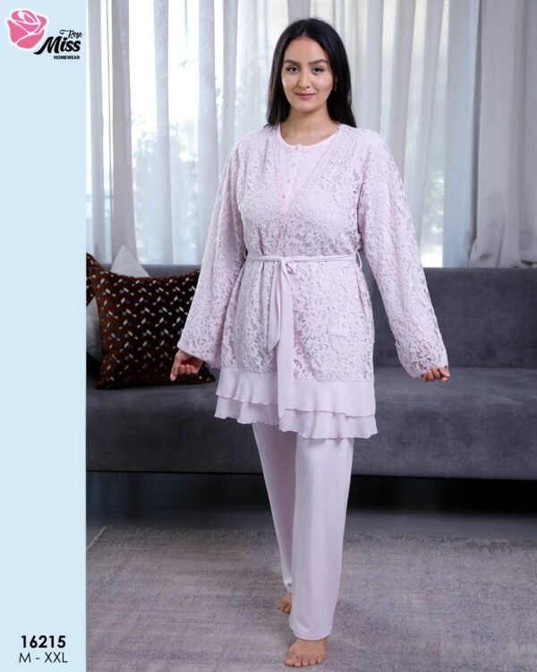 Rose Miss Ensemble pyjama et kimono dentelle 3 pièces – Réf 16215 – Lilas