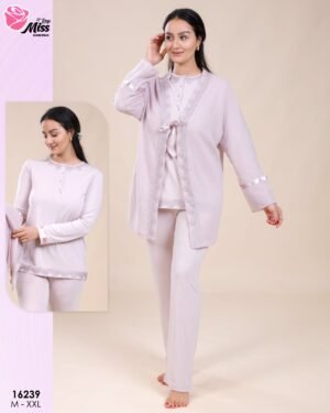 Rose Miss Ensemble pyjama et gilet dentelle 3 pièces – Réf 16239 – Rose poudré