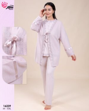 Rose Miss Ensemble pyjama et gilet dentelle 3 pièces – Réf 16239 – Mauve clair
