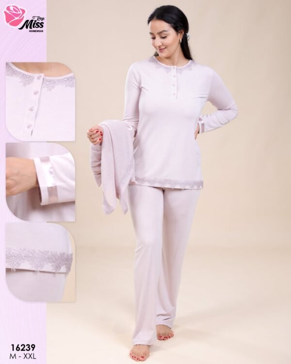 Rose Miss Ensemble pyjama et gilet dentelle 3 pièces – Réf 16239 – Rose clair