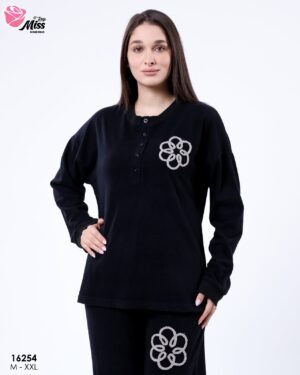 Rose Miss Pyjama polaire brodé fleurs – Réf 16254 – Noir