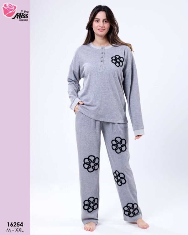 Rose Miss Pyjama polaire brodé fleurs – Réf 16254 – Gris