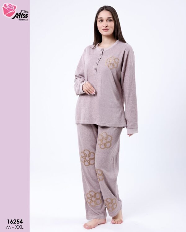 Rose Miss Pyjama polaire brodé fleurs – Réf 16254 – Taupe