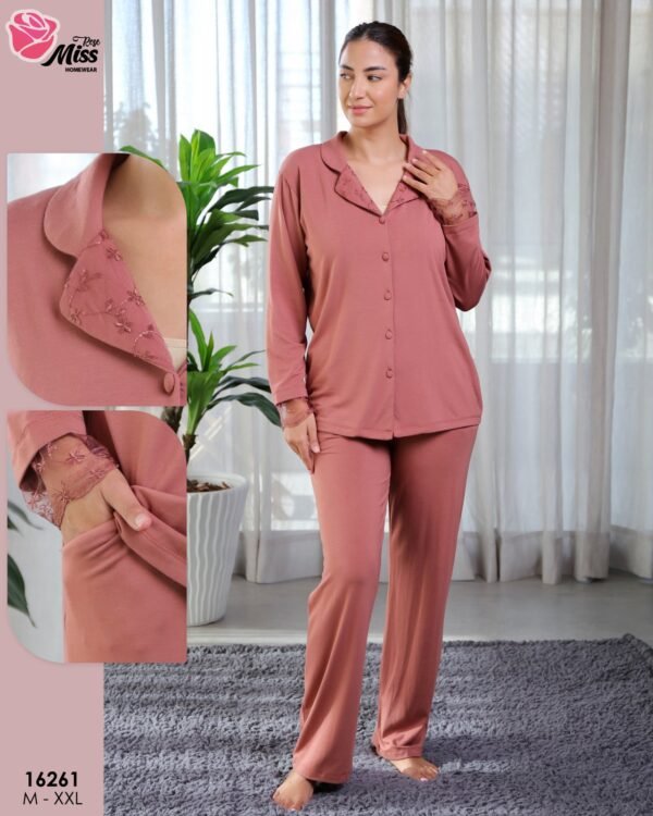 Rose Miss Pyjama boutonné dentelle – Réf 16261 – Vieux rose