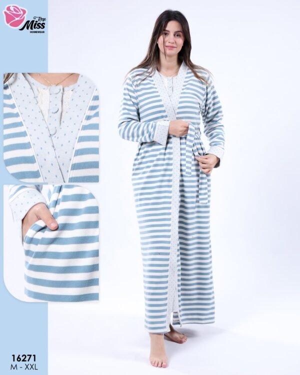 Rose Miss Ensemble robe de nuit et peignoir rayé 2 pièces – Réf 16271 – Bleu