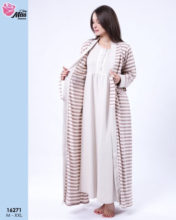 Rose Miss Ensemble robe de nuit et peignoir rayé 2 pièces – Réf 16271 – Marron