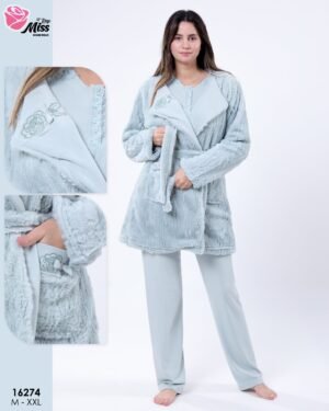 Rose Miss Ensemble pyjama et peignoir fourrure 3 pièces – Réf 16274 – Vert d'eau