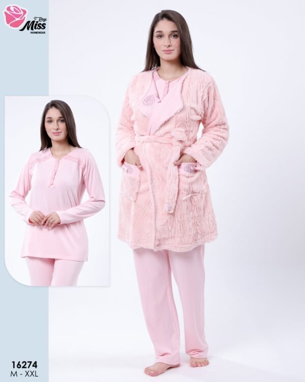 Rose Miss Ensemble pyjama et peignoir fourrure 3 pièces – Réf 16274 – Rose