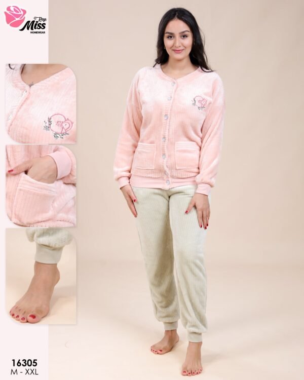 Rose Miss Pyjama polaire boutonné – Réf 16305 – Rose et vert