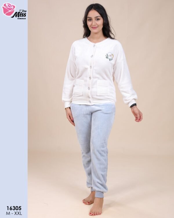 Rose Miss Pyjama polaire boutonné – Réf 16305 – Blanc et bleu