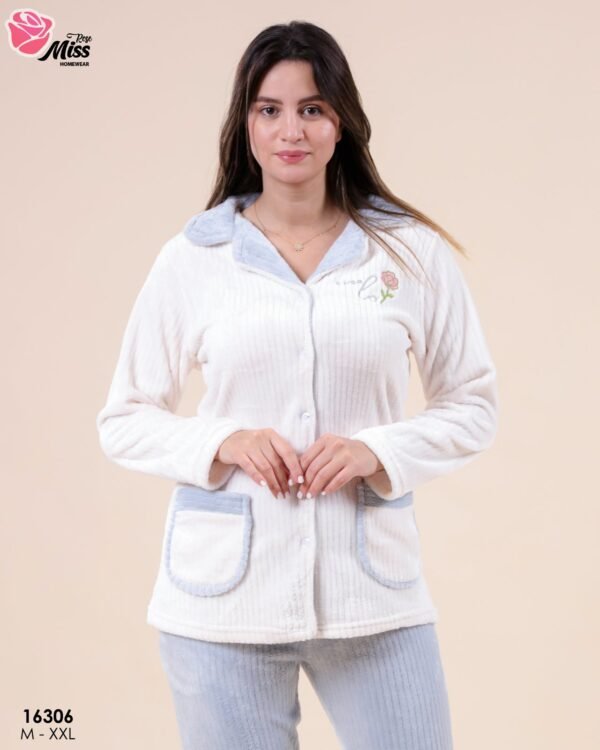 Rose Miss Pyjama polaire boutonné – Réf 16306 – Blanc et bleu