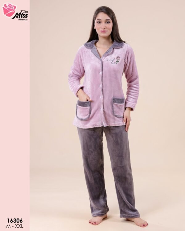 Rose Miss Pyjama polaire boutonné – Réf 16306 – Lilas et gris