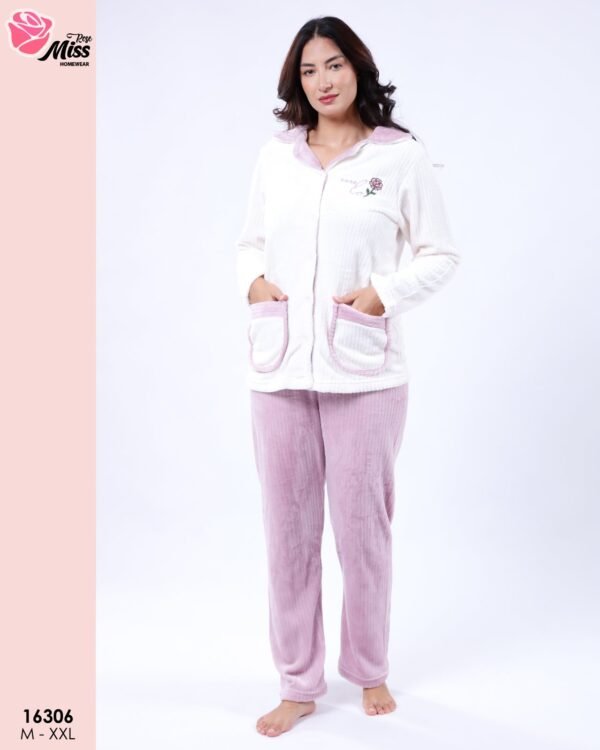 Rose Miss Pyjama polaire boutonné – Réf 16306 – Blanc et lilas