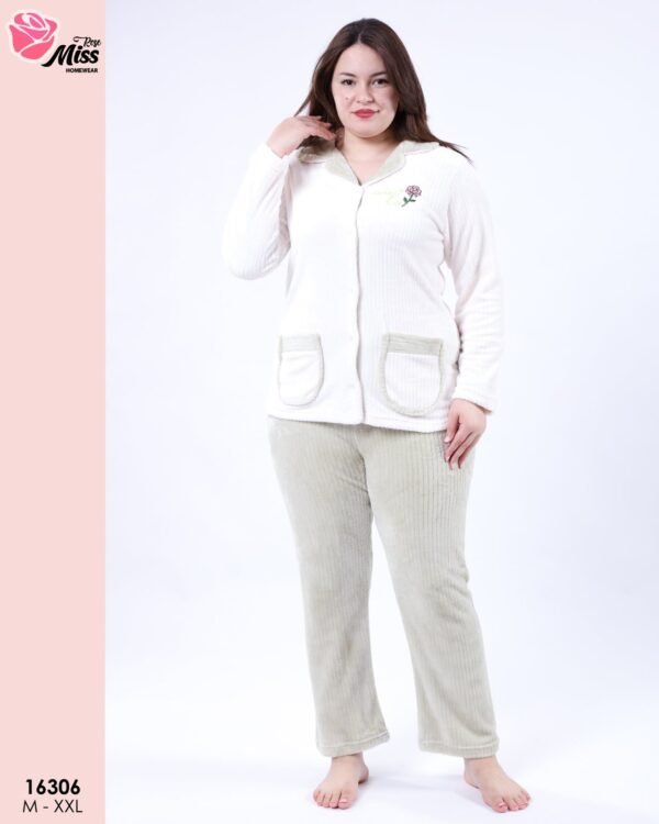 Rose Miss Pyjama polaire boutonné – Réf 16306 – Blanc et vert
