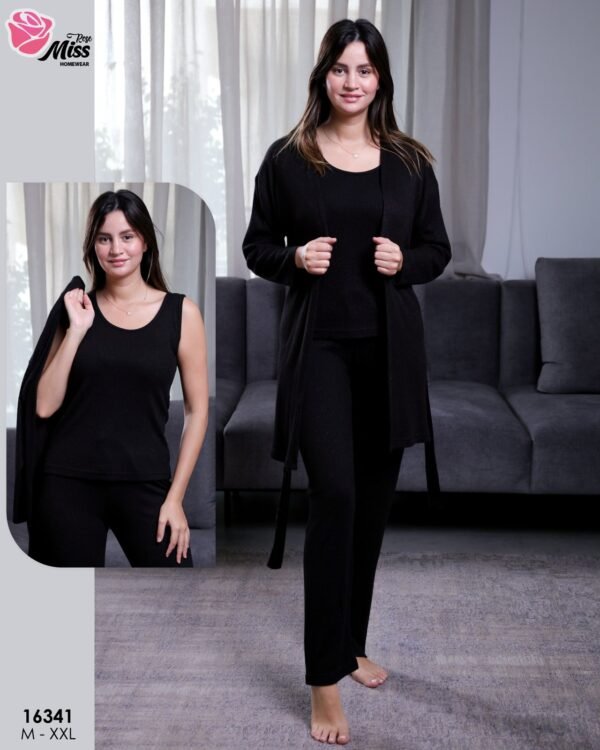 Rose Miss Pyjama 3 pièces côtelé avec gilet – Réf 16341 – Noir