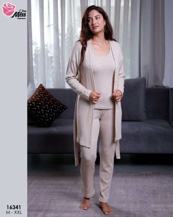 Rose Miss Pyjama 3 pièces côtelé avec gilet – Réf 16341 – Beige