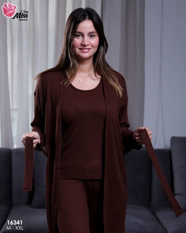 Rose Miss Pyjama 3 pièces côtelé avec gilet – Réf 16341 – Marron