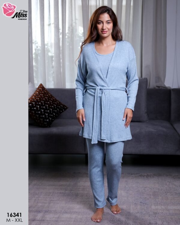 Rose Miss Pyjama 3 pièces côtelé avec gilet – Réf 16341 – Bleu ciel