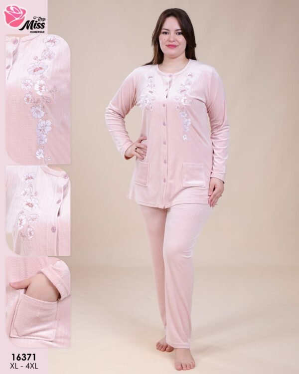 Rose Miss Pyjama velours boutonné brodé – Réf 16371 – Rose