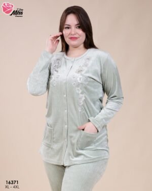 Rose Miss Pyjama velours boutonné brodé – Réf 16371 – Vert d'eau