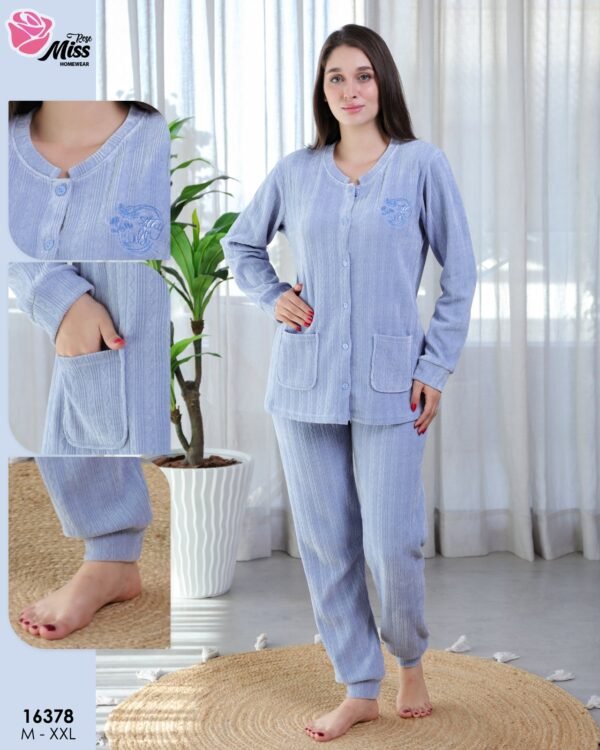Rose Miss Pyjama velours boutonné – Réf 16378 – Bleu