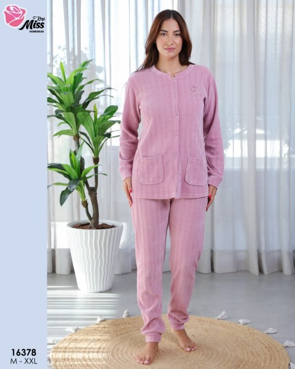 Rose Miss Pyjama velours boutonné – Réf 16378 – Vieux rose