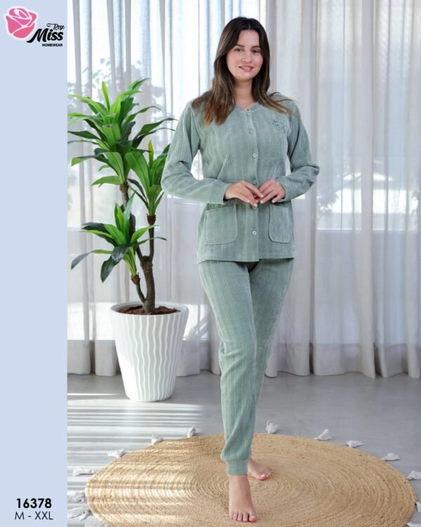 Rose Miss Pyjama velours boutonné – Réf 16378 – Vert sauge
