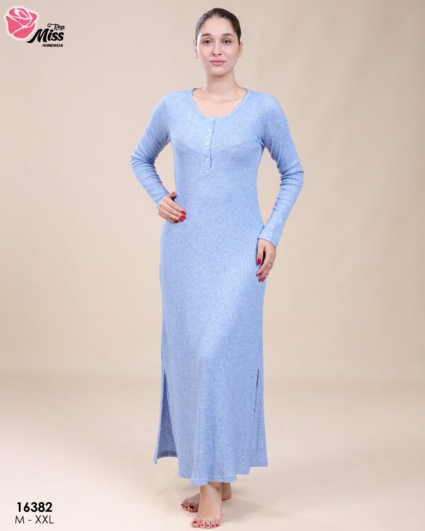 Rose Miss Chemise de nuit longue côtelée – Réf 16382 – Bleu