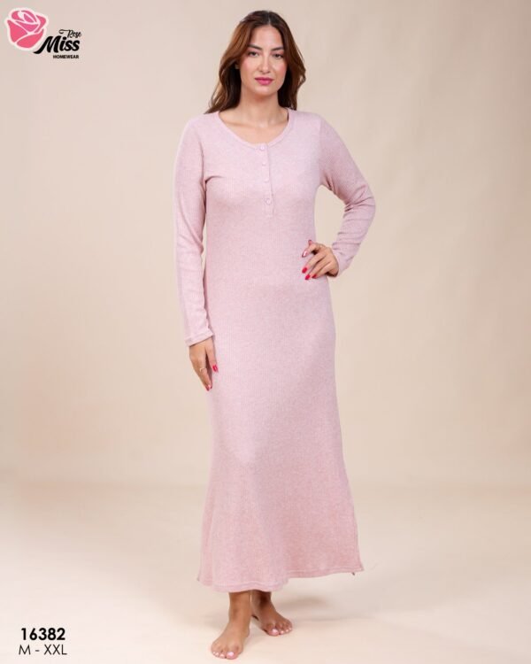 Rose Miss Chemise de nuit longue côtelée – Réf 16382 – Rose