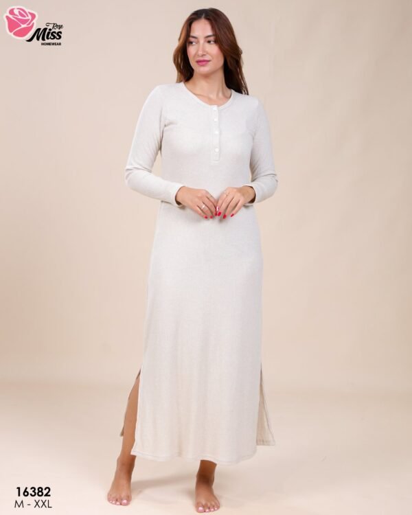 Rose Miss Chemise de nuit longue côtelée – Réf 16382 – Écru