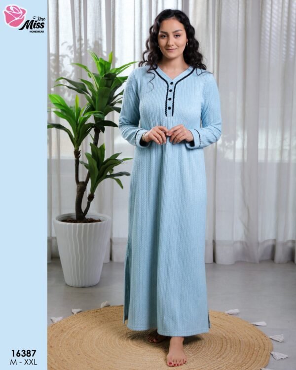 Rose Miss Chemise de nuit longue côtelée – Réf 16387 – Bleu ciel