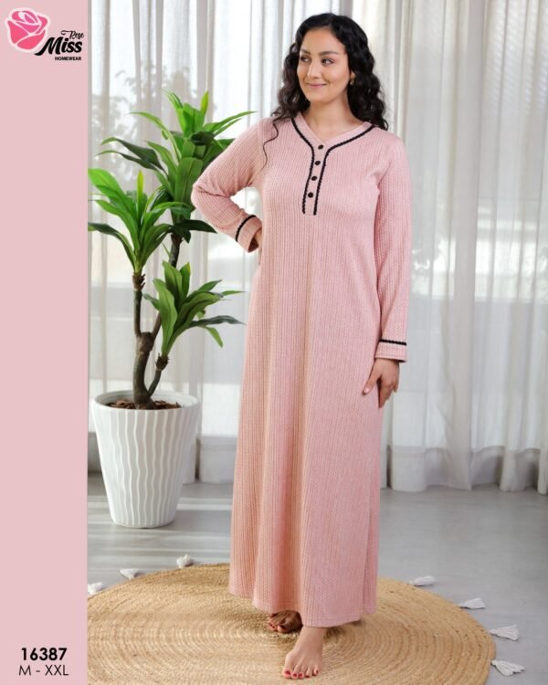 Rose Miss Chemise de nuit longue côtelée – Réf 16387 – Rose