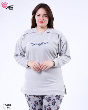 Rose Miss Pyjama imprimé feuilles – Réf 16413 – Gris clair