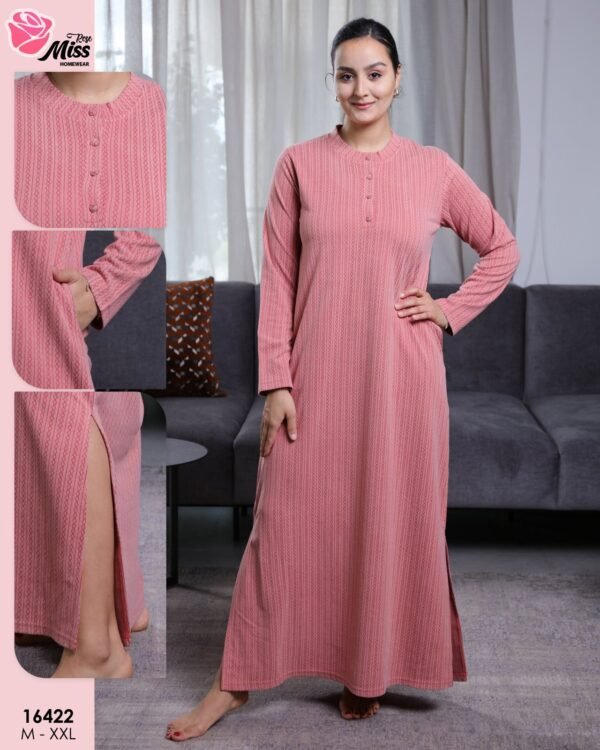 Rose Miss Chemise de nuit longue côtelée – Réf 16422 – Vieux rose