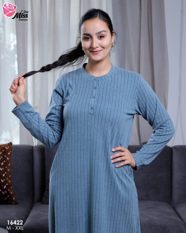 Rose Miss Chemise de nuit longue côtelée – Réf 16422 – Bleu jean