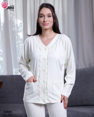 Rose Miss Pyjama boutonné côtelé – Réf 16464 – Écru