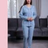Rose Miss Pyjama boutonné côtelé – Réf 16464 – Bleu jean