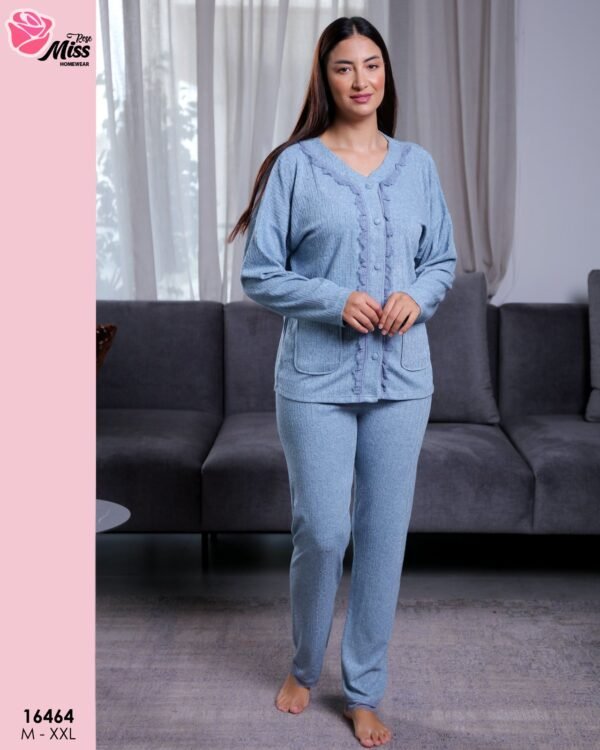 Rose Miss Pyjama boutonné côtelé – Réf 16464 – Bleu jean