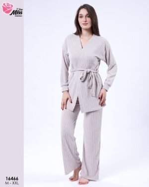 Rose Miss Ensemble pyjama côtelé gilet et débardeur 3 pièces – Réf 16466 – Taupe