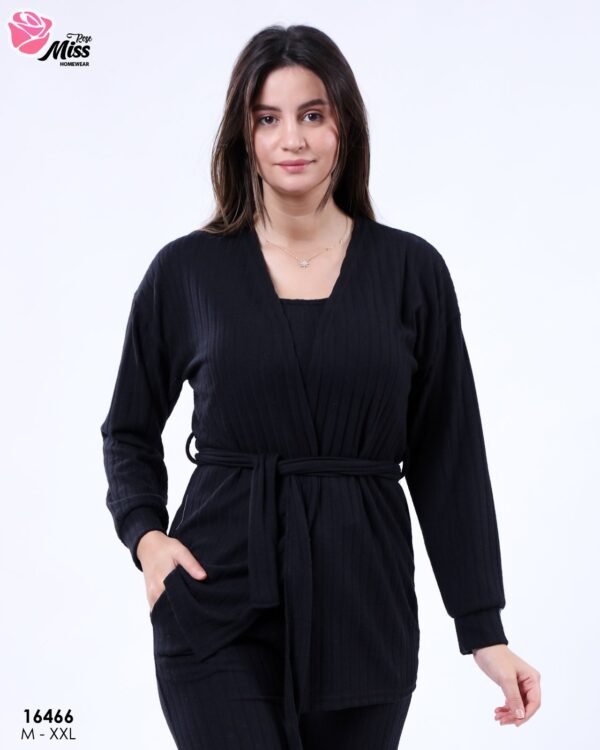Rose Miss Ensemble pyjama côtelé gilet et débardeur 3 pièces – Réf 16466 – Noir